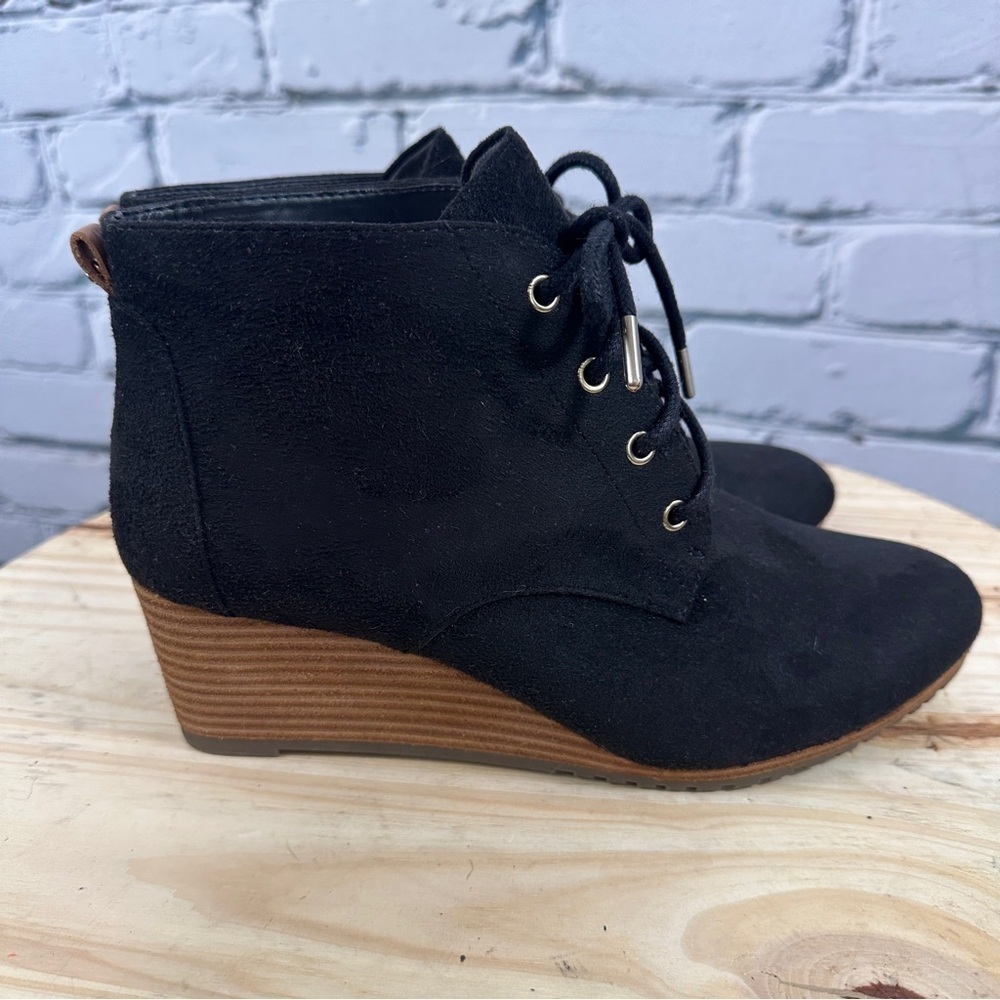 Dr. Scholl's Close Call Wedge Ankle Bootie NWOT Women 8.5M Black Fabric Lace Up